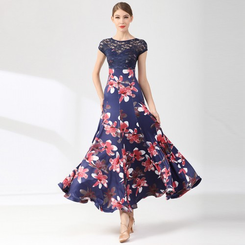 Navy lace floral ballroom dance dresses for women girls waltz tango smooth ballroom dance costumes for ladies 
